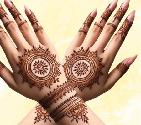 Beautiful Simple Gol Tikki mehndi design for both front and back hand
