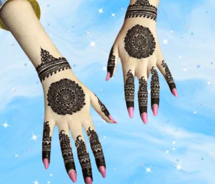 Beautiful Simple Gol Tikki mehndi design for both front and back hand